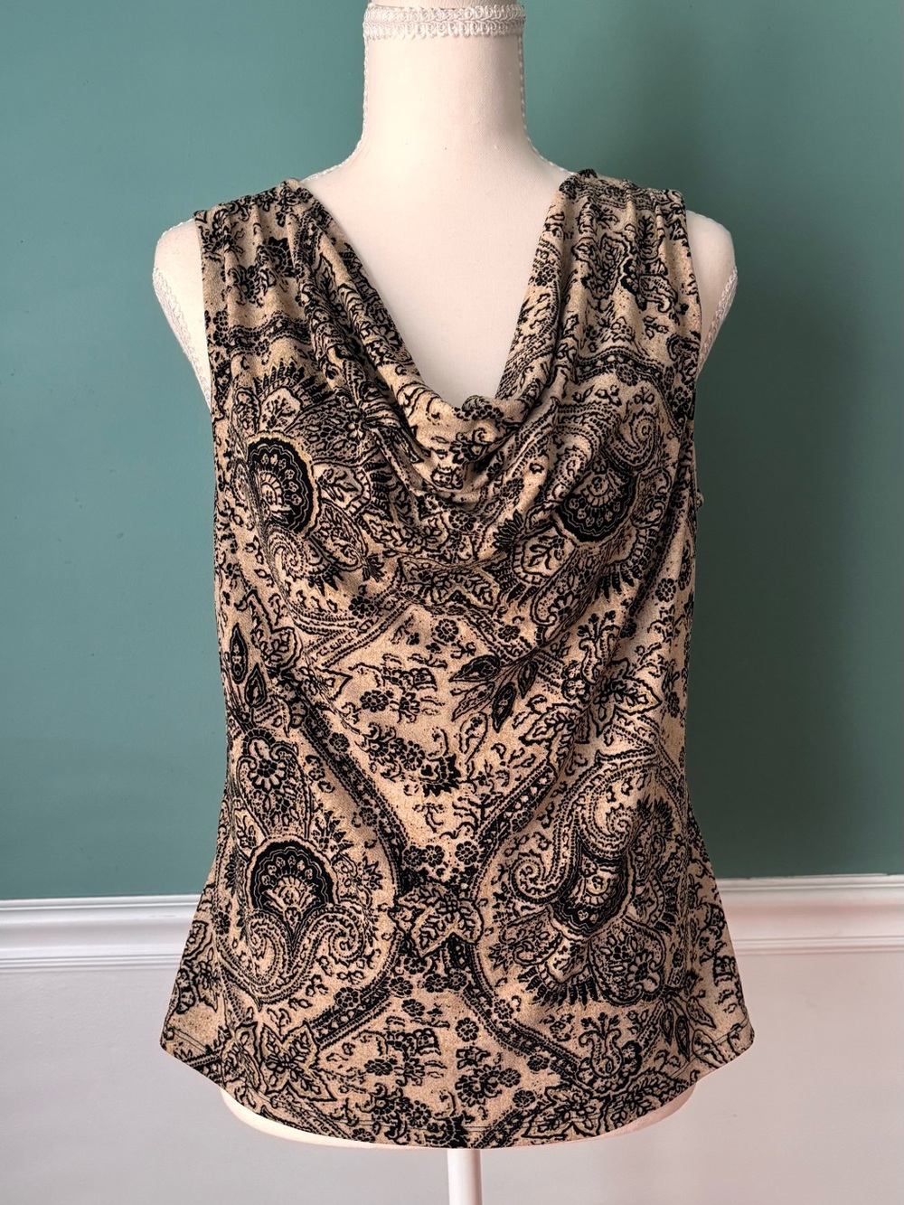 Y2K Boho Paisley Cowl Neck Sleeveless Stretch Top Beige Black Women’s Medium
